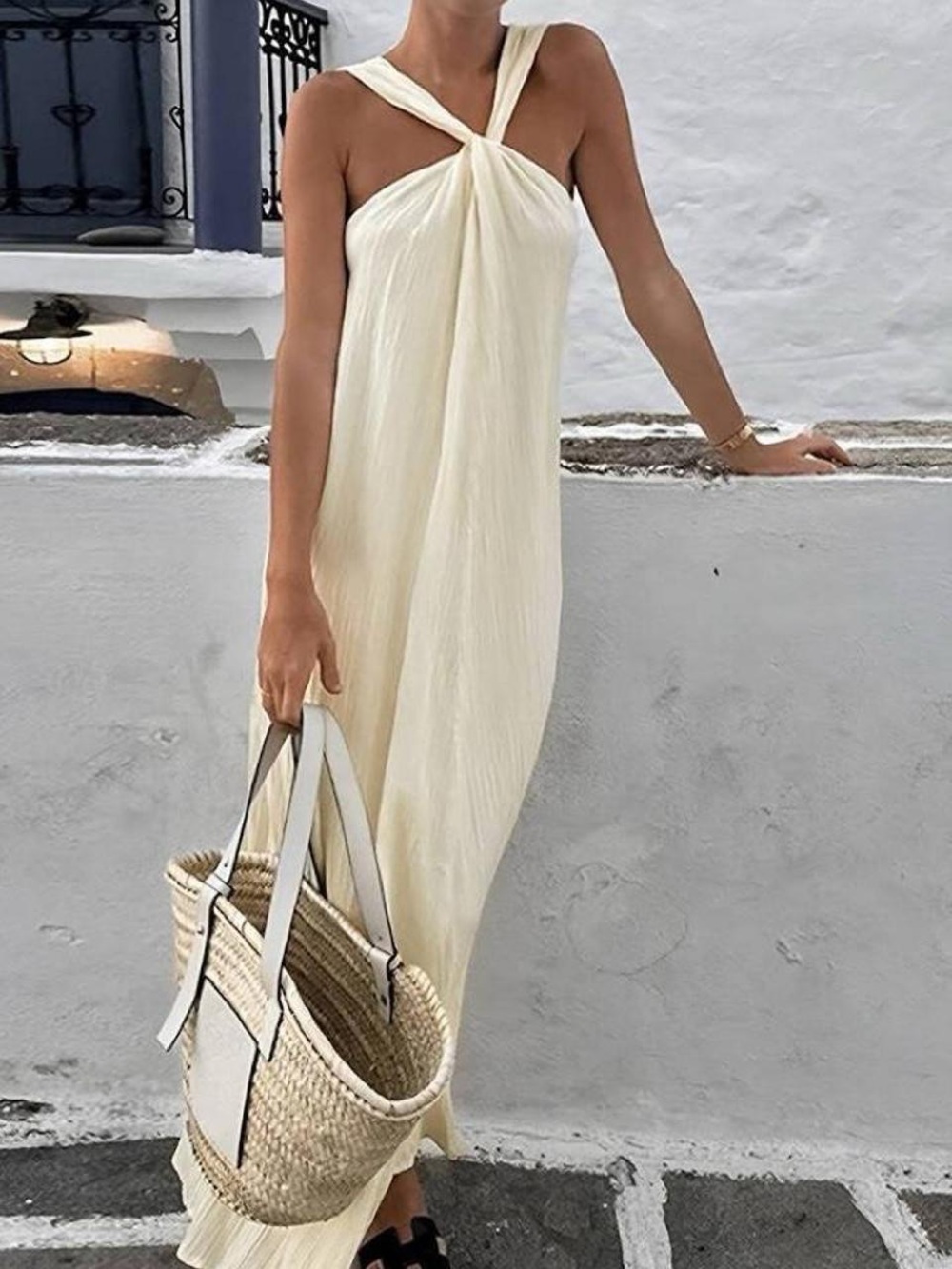 Commense One-Shoulder Cream Twist Maxi Dress